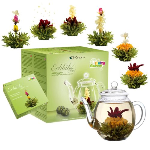 Creano Blooming Tea Gift Set with Glass Teapot – Fruity Green Tea Flowers