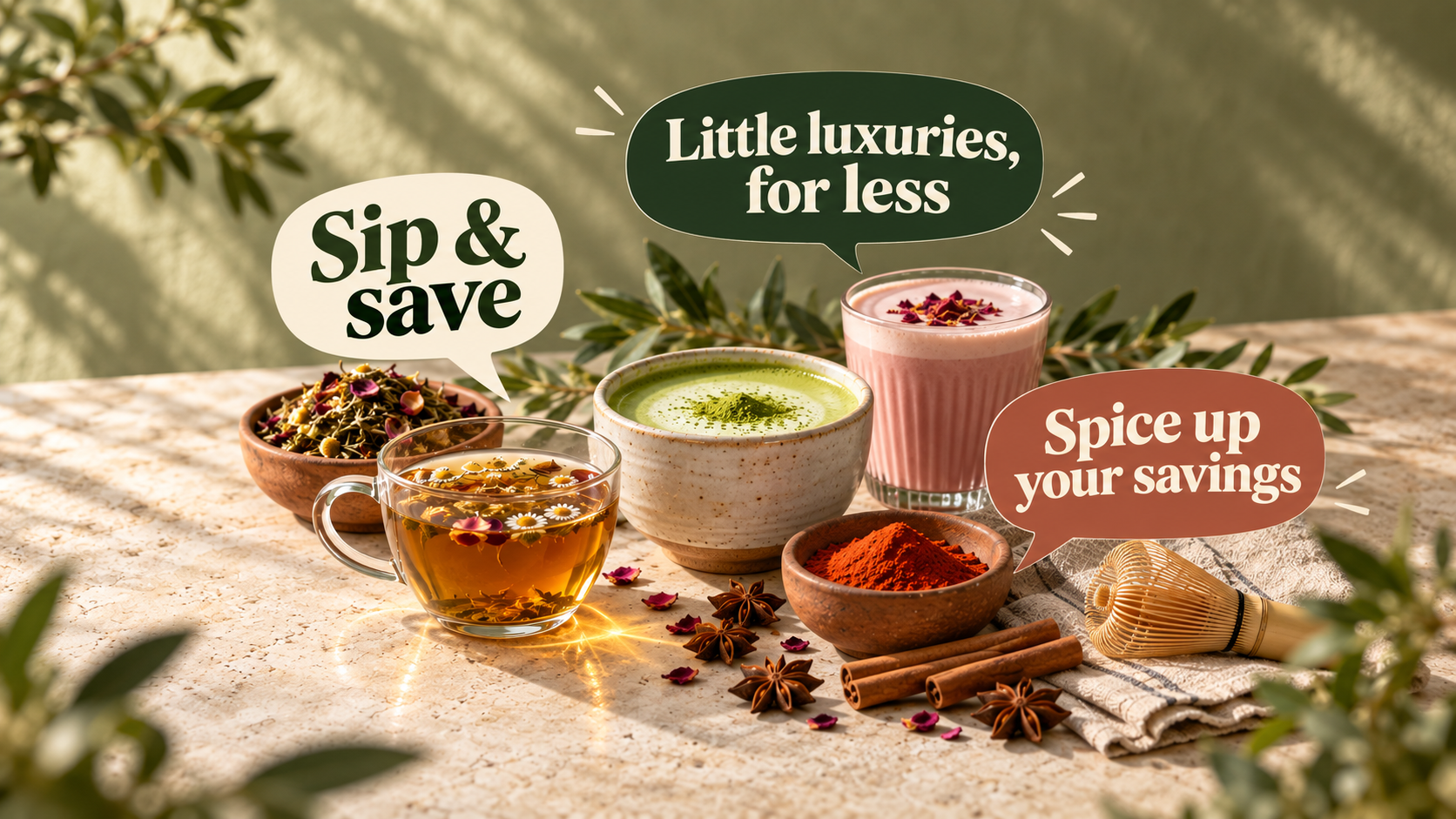 Tea, colourful lattes and spices with speech bubbles: Sip & save, Little luxuries for less, and Spice up your savings.